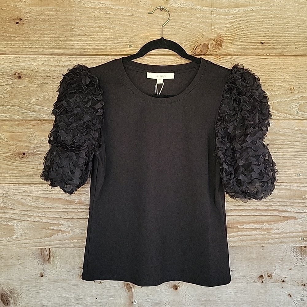 Anthrolologie Flat White Size Small Black Puffed Sleeve Top NWT